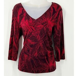 Kiara Womens Black Red Palm Print V-Neck 3/4 Sleeve Ruched Top SCK024 Size Large